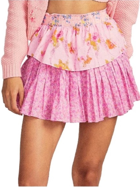 LoveShackFancy Dresses & Skirts - LoveShackFancy Pink Floral Ruffle Tiered Mini Skirt - Exploded Pink Mixed Print